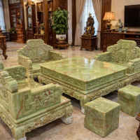 Bàn Đá VIP Đẳng Cấp Nhất Việt Nam - Bộ bàn ghế đá ngọc onix xanh kiệt tác trên nền ngọc tự nhiên cho Khách VIP T6868