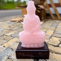 TƯỢNG PHẬT BÀ QUAN ÂM ĐÁ NGỌC ONYX HỒNG KÈM ĐẾ GỖ