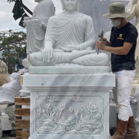 Tượng phật thích ca ngồi  đá trắng nguyên khối  Tượng cao 103cm x 81 x 52 (cm), đế cao 81cm x 85 x 55 (cm) T3710