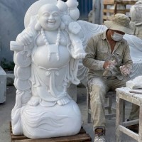 Tượng phật di lặc gánh tiền bằng đá trắng nguyên khối cao 120cm, ngang 65cm, dài 45cm T3640
