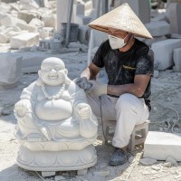 Tượng điêu khắc Phật Di Lặc ngồi trên đài sen bằng đá trắng nguyên khối cao 90cm T3659