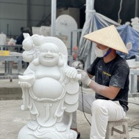 Tượng đá trắng điêu khắc tượng di lạc đứng vác cành đào cao 81cm T3658