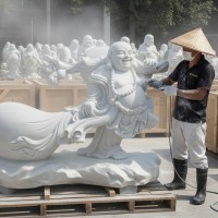 Tượng điêu khắc Phật Di Lặc vác bao tiền bằng đá trắng nguyên khối cao1.1m dài,1.2m T3653