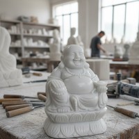 Tượng phật di lặc ngồi trên đài sen bằng đá trắng nguyên khối cao 25cm, ngang 18cm, dài 12cm  T3637