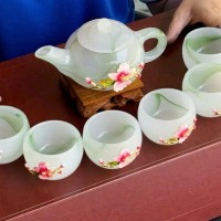 Bộ ấm trà đá mã não chạm hoa T3336