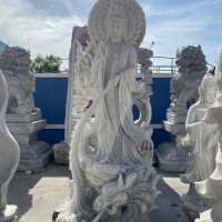 Tượng phật Quan Thế Âm Bồ tát cưỡi rồng đá trắng nguyên khối cao 2.5m ngang 90cm dài 65cm T3596