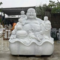 Tượng phật di lặc ngũ phúc bằng đá trắng nguyên khối cao 1.8m ngang,1.73m, 1.12m T3635