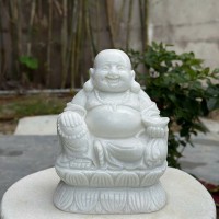 Tượng phật di lặc ngồi trên đài sen bằng đá trắng nguyên khối cao 25cm, ngang 18cm, dài 12cm  T3637