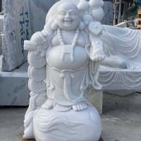 Tượng phật di lặc gánh tiền bằng đá trắng nguyên khối cao 120cm, ngang 65cm, dài 45cm T3640