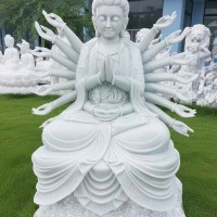 Tượng Quan Âm Bồ Tát nghìn tay nghìn mắt dáng ngồi đá trắng nguyên khối, cao 1.5m T3728
