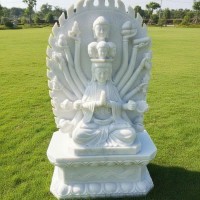 Tượng Phật Quan Âm Thiên Thủ Thiên Nhãn ngồi trên đài sen bằng đá trắng, cao 1.2m T3731 