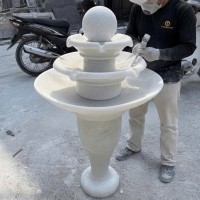 Thủy luân nước 3 tầng bằng đá trắng nguyên khối cao 1m T3819