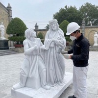 Tượng Chúa Giêsu đá trắng nguyên khối đang ban ơn cho dân làng cao 1.5m T3822