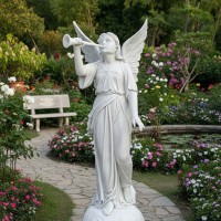 Tượng thiên thần thổi loa đá trắng nguyên khối cao 1m7 T3775.