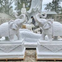 Cặp voi điêu khắc đá trắng cao 1m1 dài 1m3 T3772.