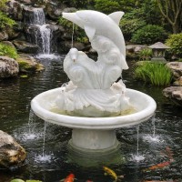 Thủy luân phun nước cá heo đá trắng nguyên khối cao 1.6m T3856