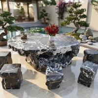 Bộ bàn ghế đá cẩm vân nguyên khối gồm 6 đôn, đk 1.58m T3840