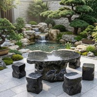 Bộ bàn ghế đá cẩm vân gồm 1 bàn và 6 đôn, dk 1.5m T3841