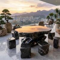 Bộ bàn ghế đá cẩm vân gồm 1 bàn và 6 ghế đôn với kích thước 1.56m T3842