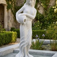 Tượng nghệ thuật thiếu nữ bên bình nước bằng đá trắng tự nhiên nguyên khối, cao 1.5m T3902