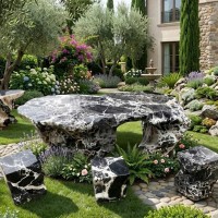 Bộ bàn ghế đá cẩm vân tự nhiên gồm 1 bàn và 6 đôn, kích thước 1.76x80x65  T3868