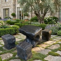 Bộ bàn ghế đá cẩm vân tự nhiên gồm 1 bàn và 4 đôn, kích thước 67cm x 65cmT3869