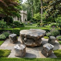 Bộ bàn ghế đá cẩm vân tự nhiên gồm 1 bàn và 4 đôn, kích thước 67cm x 65cm T3870