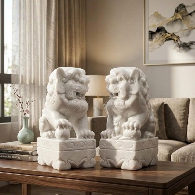 Cặp nghê đá trắng cao 40cm - ngang 16cm - sâu 27cm - T4076 - Quà Tặng Phong Thủy Doanh Nghiệp – Đá Tự Nhiên Chiêu Tài Nạp Khí