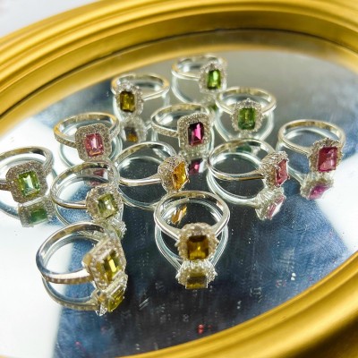 NHẪN ĐÁ TOURMALINE TINH THỂ ĐÍNH KIM MOISSANITE BỌC BẠC TA