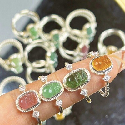 NHẪN TỲ HƯU ĐÁ TOURMALINE ĐA SẮC BỌC BẠC TA