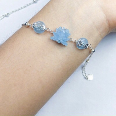 LÁCH TAY AQUAMARINE HÌNH HOA SEN BỌC BẠC TA