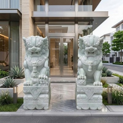 Cặp Kỳ Lân Đại Cát bằng đá trắng tự nhiên nguyên khối, kích thước 1,5m x 0,5m x 0,8m T3993