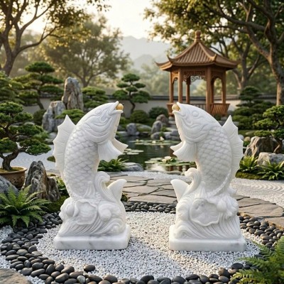 Cặp Tượng Cá Chép Thưởng Ngoạn bằng đá trắng tự nhiên nguyên khối, cao 1m T3998