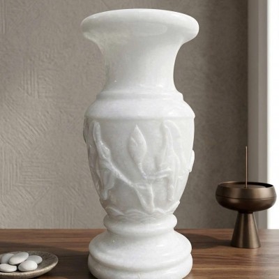 Lọ Hoa Mộc Liên bằng đá trắng tự nhiên nguyên khối, cao 40cm T3996