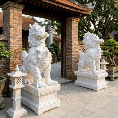 Cặp Tượng Nghê Đá Trắng Tự Nhiên Cao 1.6m - T4078 - Linh Vật Phong Thủy Chấn Trạch Uy Nghi – T trấn Trừ Sát Khí, Bảo Hộ Gia Đạo & Chiêu Tài Tụ Khí