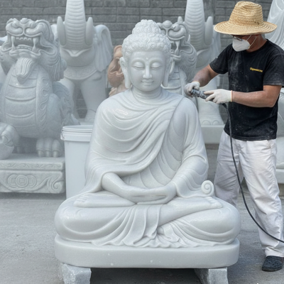 Tượng phật thích ca ngồi đá trắng nguyên khối  cao 68 x 50 x 35 cm T3704