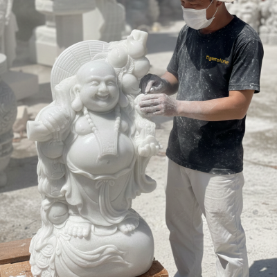 Tượng phật di lặc vác cành đào bằng đá trắng nguyên khối cao 60cm T3638