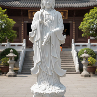 Tượng phật bà quan âm đá trắng nguyên khối cao 1.7m T3699