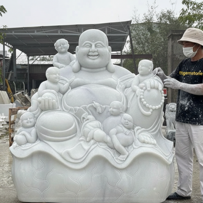 Tượng phật di lặc ngũ phúc bằng đá trắng nguyên khối cao 1.8m ngang,1.73m, dài 1.12m T3635