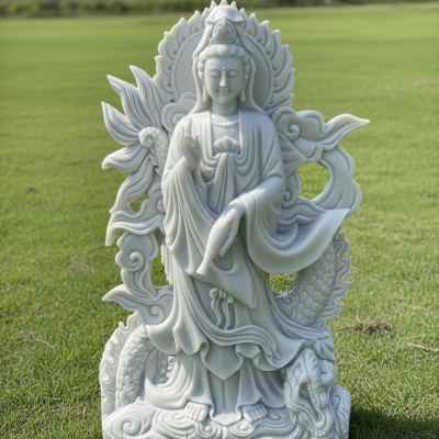Tượng phật bà quan âm  đá trắng nguyên khối cao 1.5m T3690