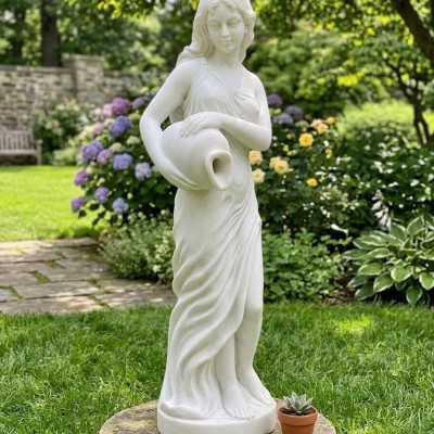 Tượng nghệ thuật thiếu nữ bên bình nước bằng đá trắng tự nhiên nguyên khối, cao 1.5m T3902