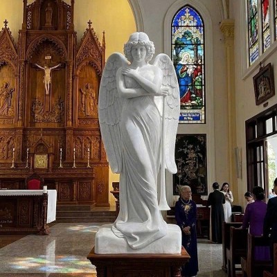 Tượng Thiên thần nghệ thuật bằng đá trắng tự nhiên nguyên khối, cao 2.2m T3900