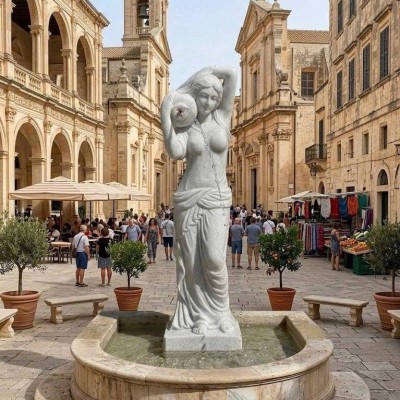 Tượng nghệ thuật thiếu nữ đổ nước bằng đá trắng tự nhiên nguyên khối, cao 1.2m T3901