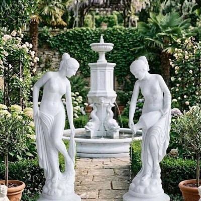 Cặp tượng nghệ thuật thiếu nữ đá trắng tự nhiên nguyên khối, cao 2.2m T3903