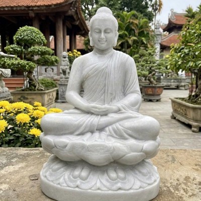 Tượng phật thích ca đá trắng ngồi cao 50cm T3908