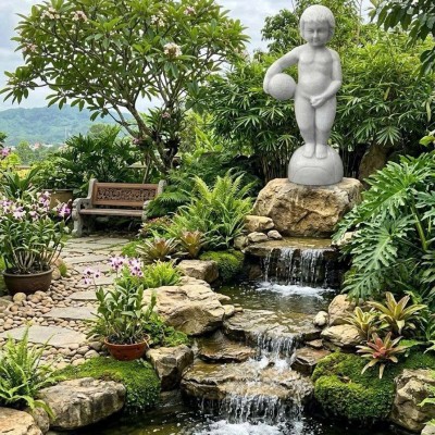 Tượng nghệ thuật đá nguyên khối Tiểu Thần Bên Suối Cao 80cm T3922