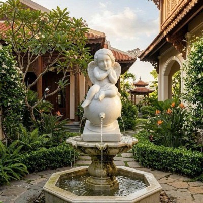 Tượng nghệ thuật đá trắng kim đồng ngự thuỷ cao 80cm T3923