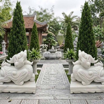 Cặp tỳ hưu đá trắng nguyên khối dài 1m25 T3924