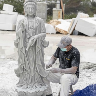 Tượng điêu khắc đá trắng mẹ quan âm bồ tát đứng trên đài sen cao 1.5m T3700