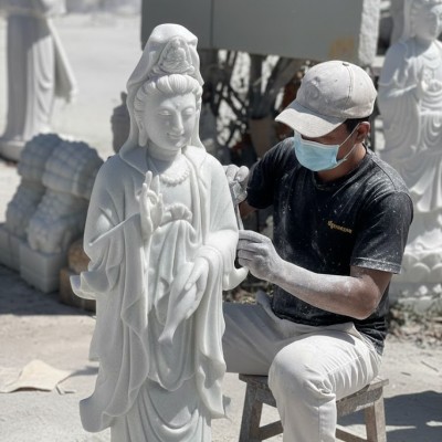 Tượng phật quan âm đá trắng nguyên khối cao 1.25m T3681